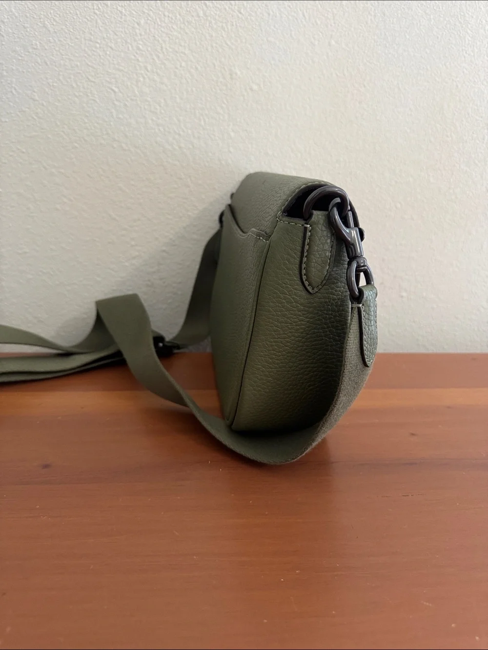 Coach Olive Green Pebbled Leather Flap Crossbody with Buckle